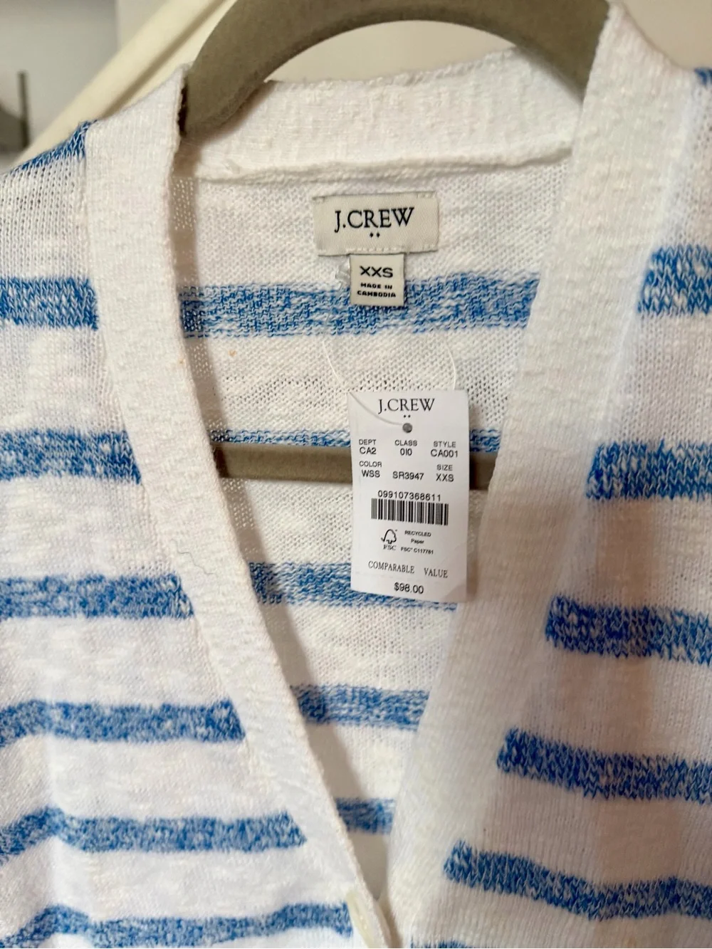 Sz xxs J. Crew v neck button down white + blue stripe light knit sweater